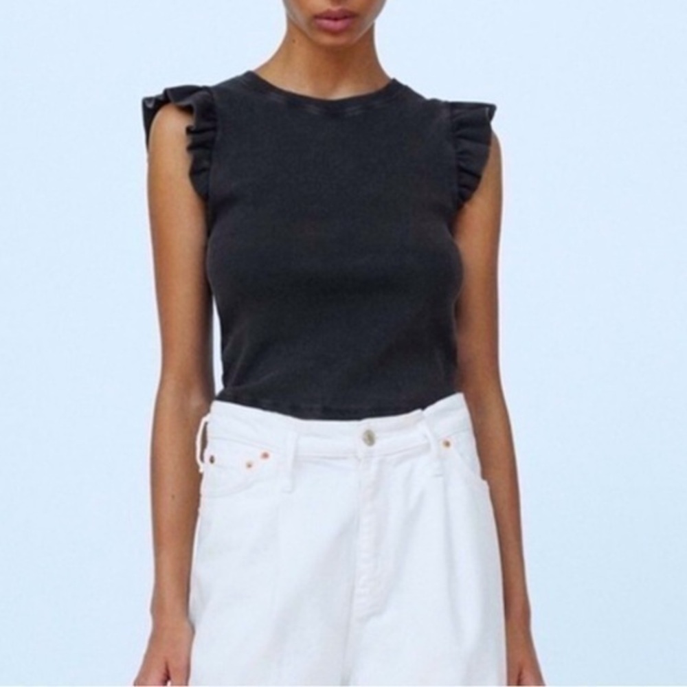 Zara ribbed crop top t-shirt tee ruffle sleeves washed gray black size L
